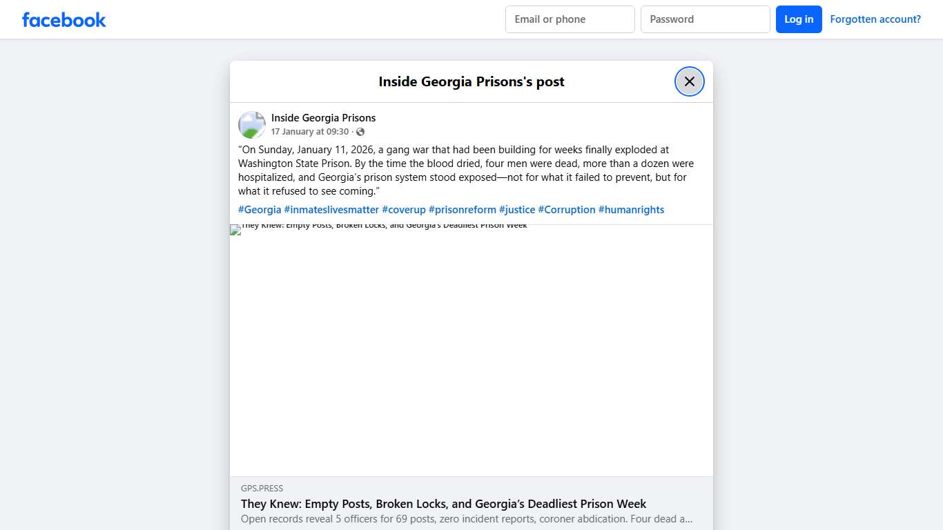“On Sunday, January 11, 2026, a... - Inside Georgia Prisons Facebook